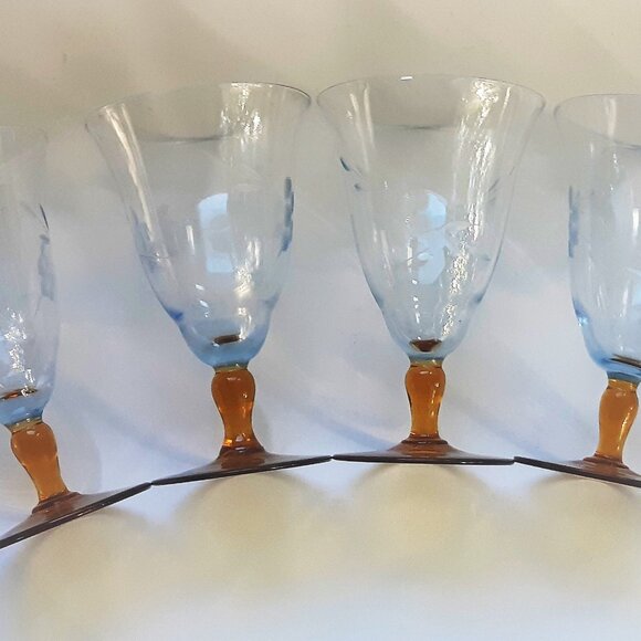 VTG Antique Thin Elegant Glass Azure Blue Goblet Amber Stem Set of 4 Etched Rare - Picture 7 of 14